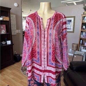 Lucky Brand sheer red, blue & white 3/4 sleeves Vneck blouse-size M